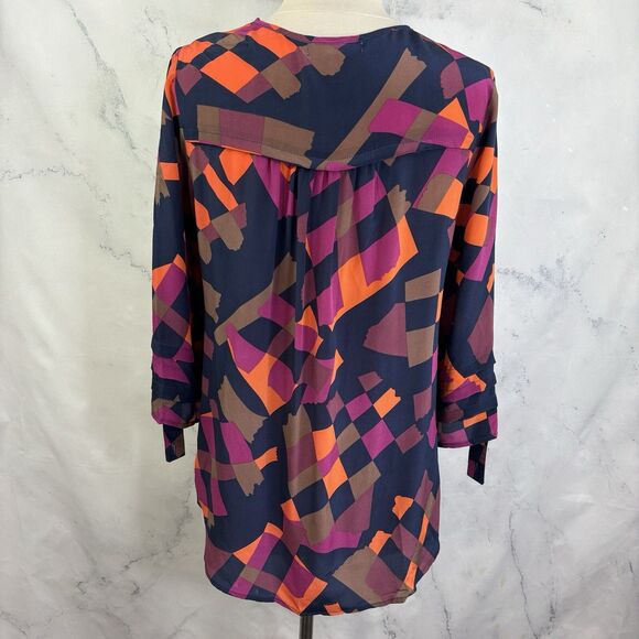 Anthropologie Silk Tunic Blouse Top M Office geometric 70s style Pleated Artsy - Picture 7 of 14